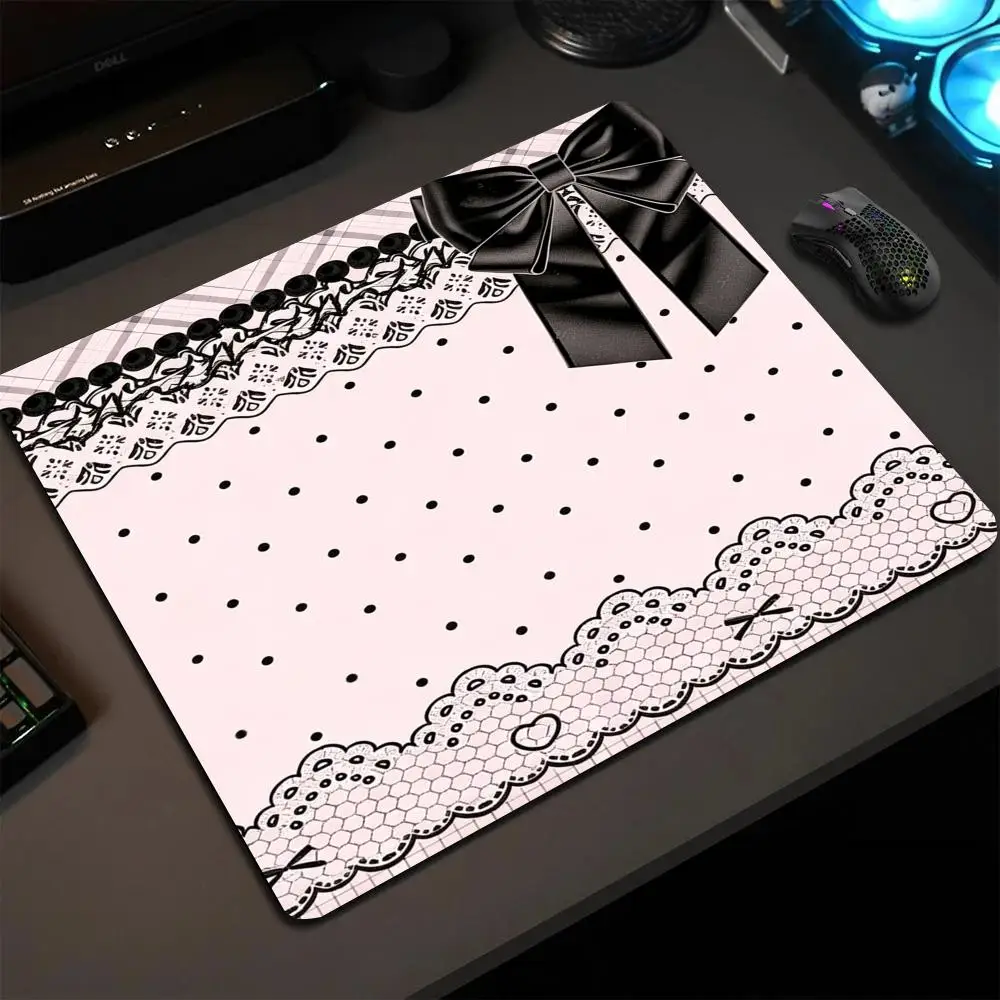 Pink Black Lace Bow Pink DotsTempered Glass Gaming Mouse Pad Smooth Frosted Surface Desk Mat Upgrade FPS Office Mousepad Esports