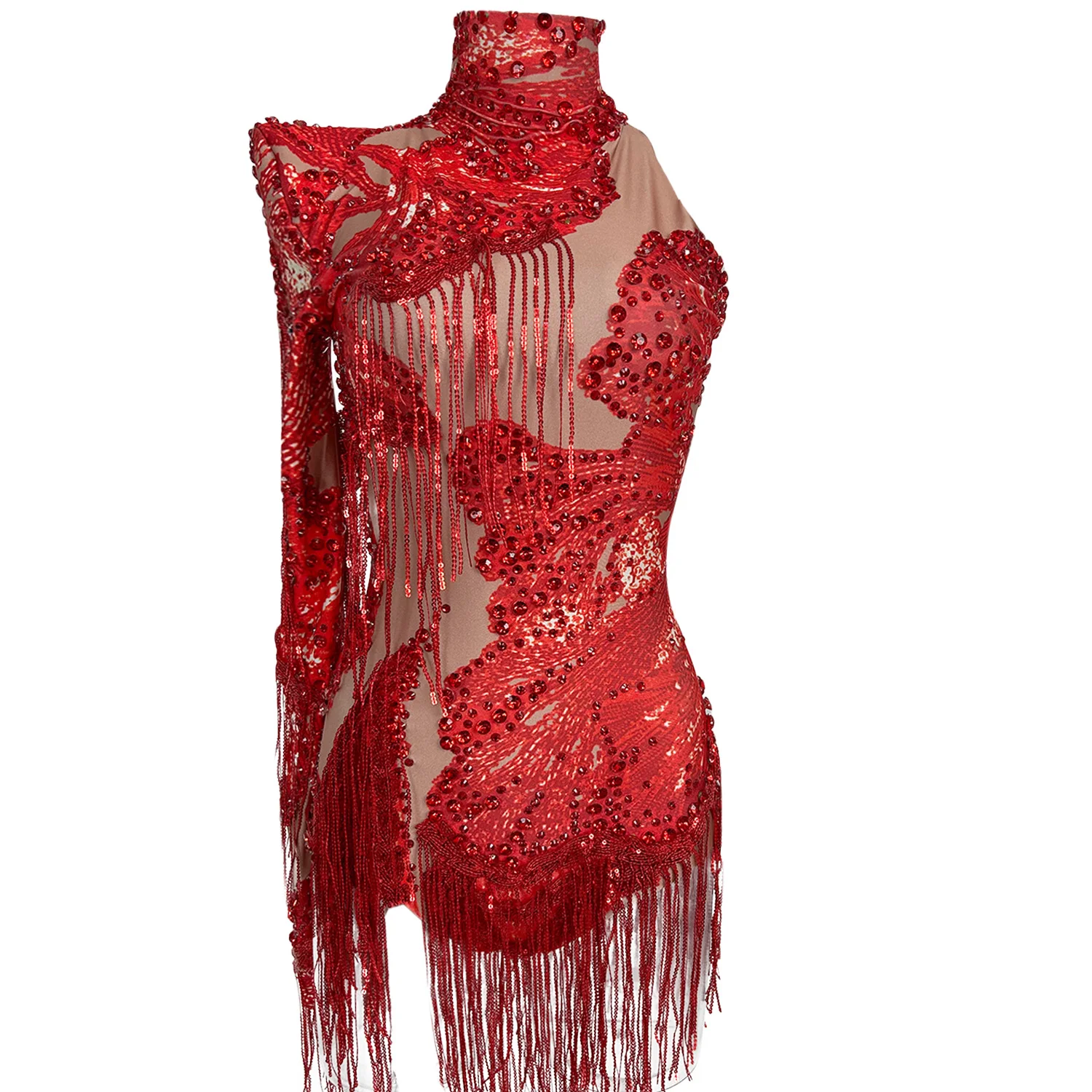 

Duxiu Sexy Club Red Jumpsuit Single Sleeve Sequins Tassel Inlaid Diamonds Latin Dance Costume Pole Dance Performance Costume