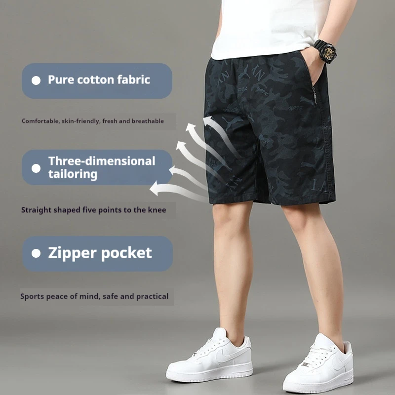 

Printed Black Pure Cotton Men's Brand Shorts, Trendy Summer Casual Style Zippered Pockets, Loose Five Piece Pants