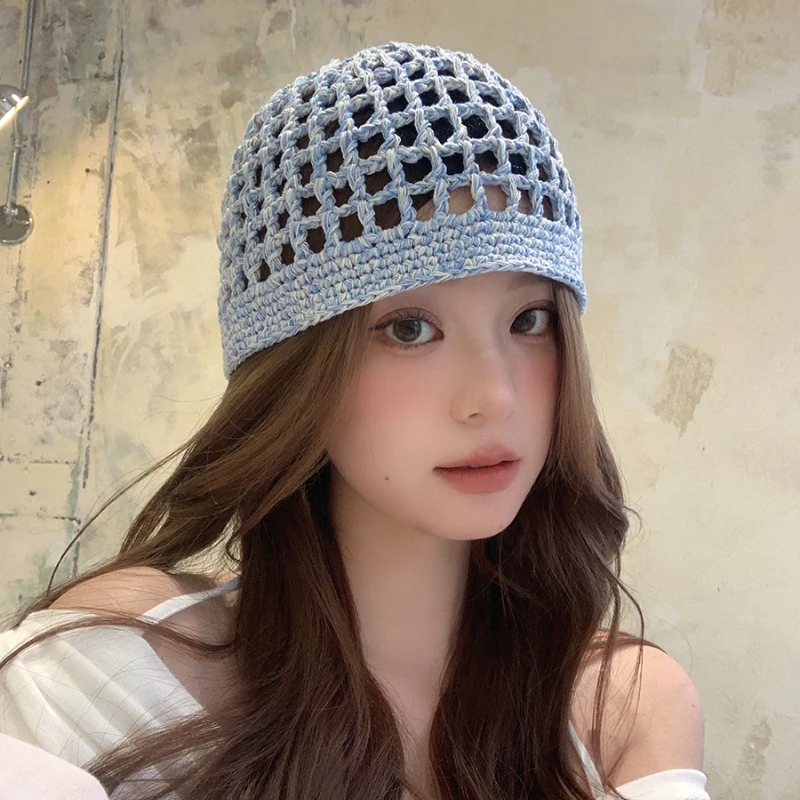 

Korean Designer Hand-woven Hollow Knitted Hats for Women Spring Summer Travel Photo Versatile Fashion Pullover Beanies Cap