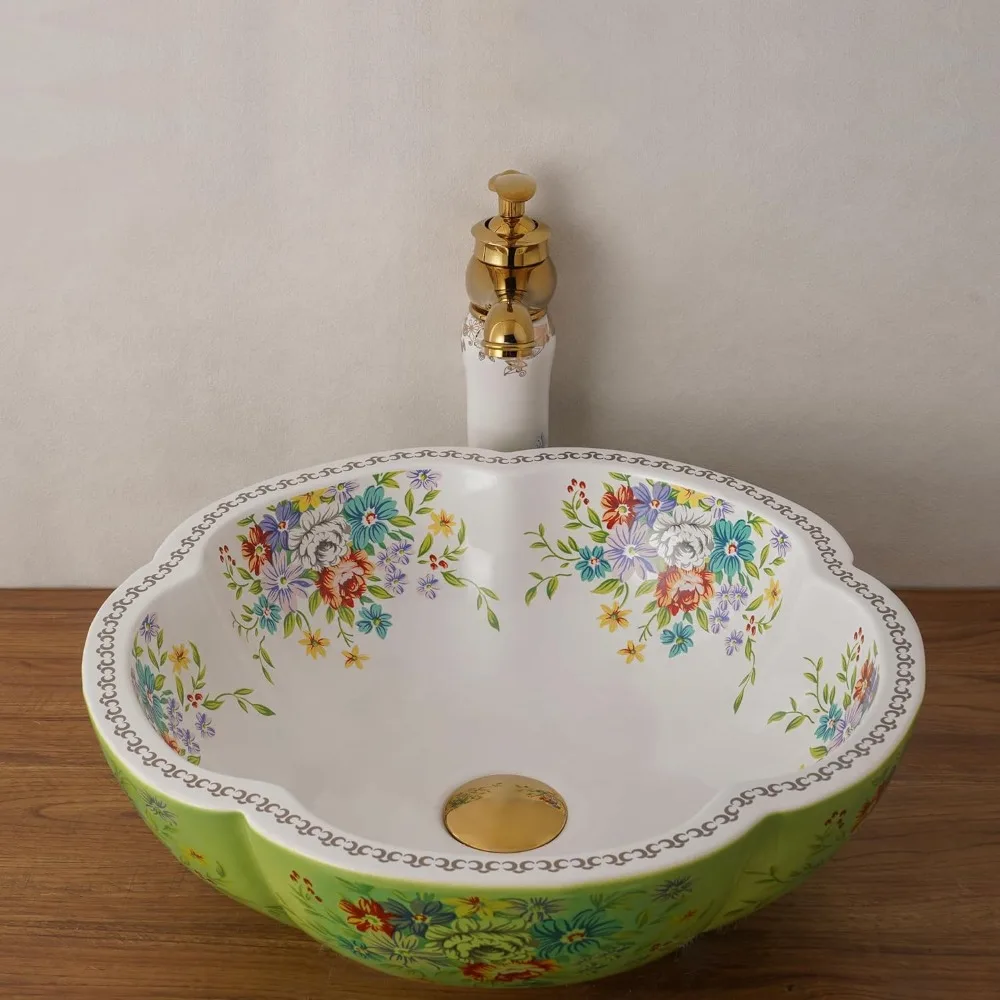 Зеленая фарфоровая раковина в форме цветка для ванной комнаты и туалетного столика в китайском стиле