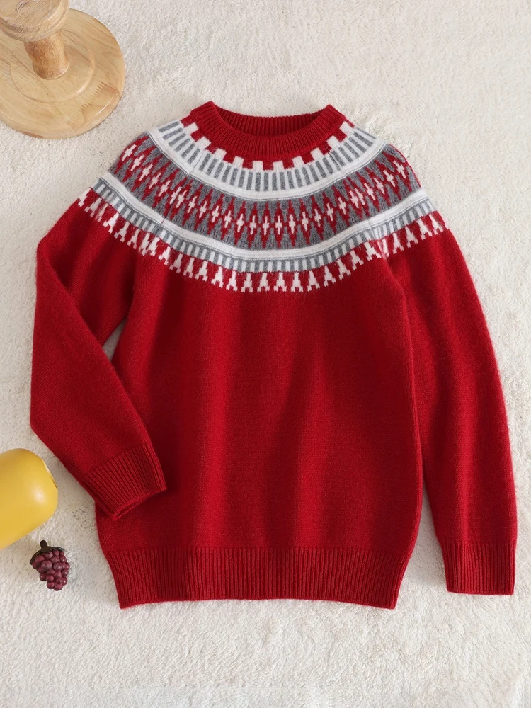 

Children 100% Merino Wool Sweater Autumn Winter Fair Isle Jacquard Mock Neck Pullover Boy Girl Christmas Style Thicken Kids Knit