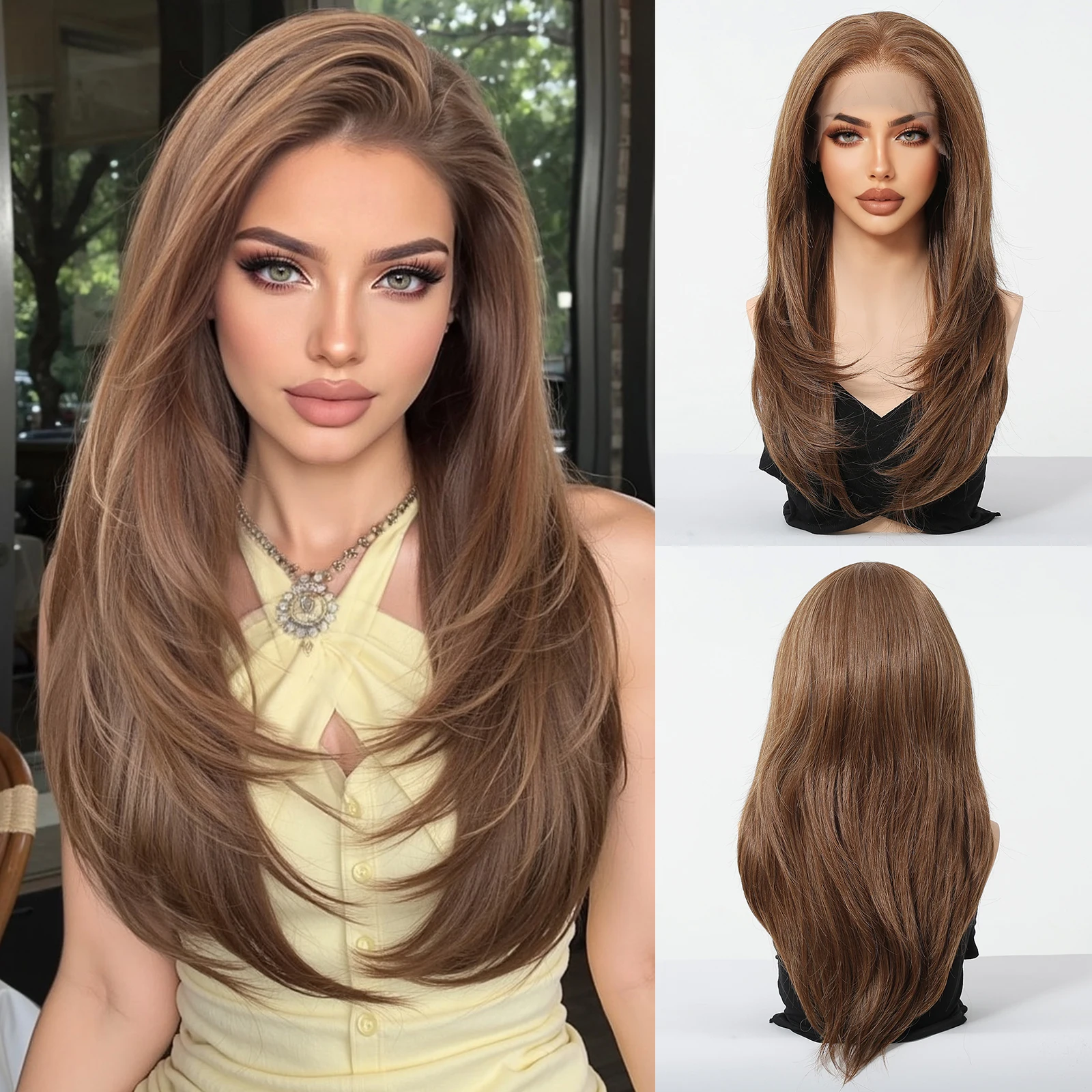 

LOUIS FERRE Brown Straight Synthetic Wigs 13*6 HD Transparent Lace Front Wig For Women Daily Heat Resistant Natural Hairline