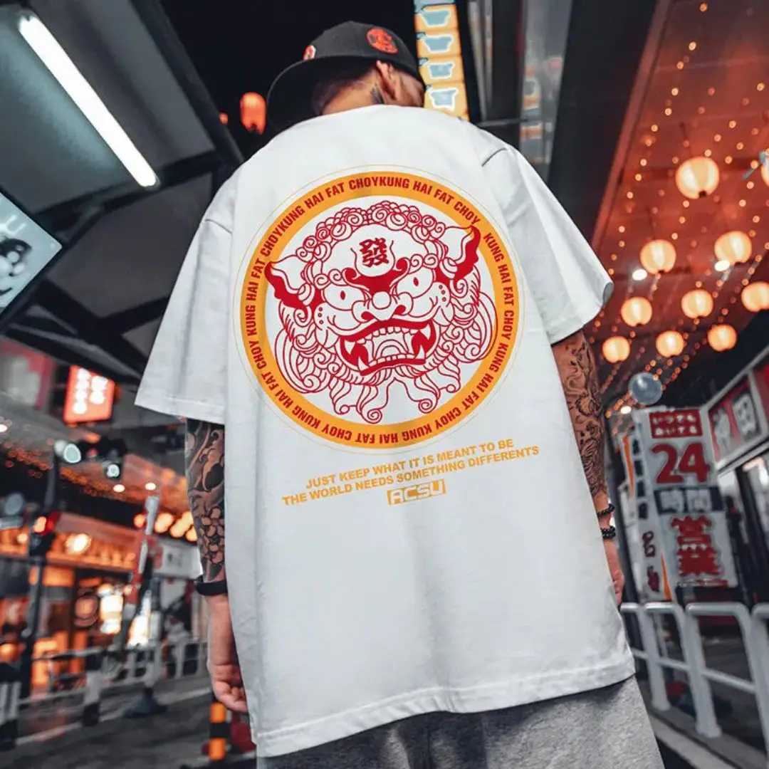 T-shirt da uomo moda sciolto oversize cinese lion dance elements Street Harajuku top Tees abbigliamento maschile stampato di alta qualità