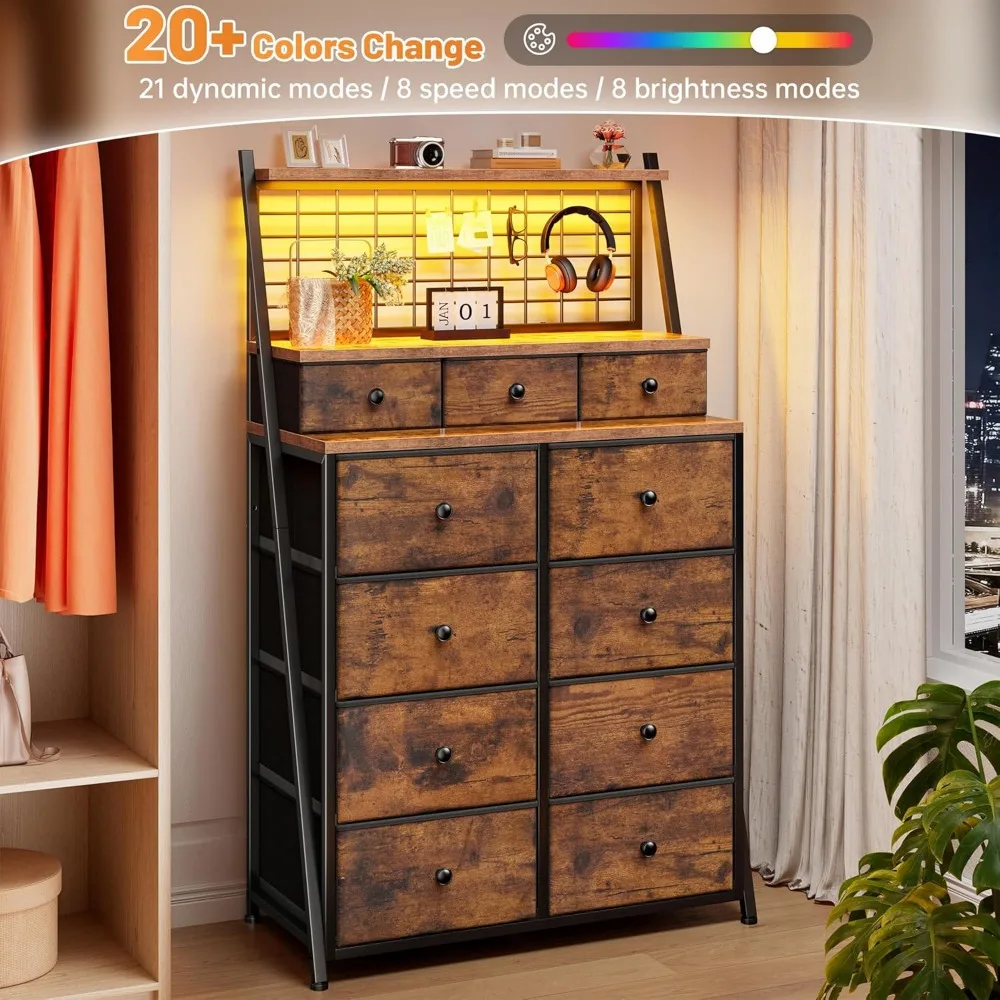 Cômoda de 51 polegadas com iluminação LED com 11 gavetas, painéis de grade de arame e prateleiras abertas para quarto, entrada, dormitório e estilo rústico