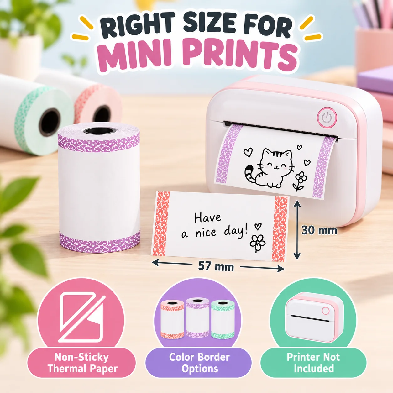 57x30mm Color Border Thermal Paper Roll Non Adhesive Printable Compatible for Mini Portable Pocket Printer Photo Note Tag