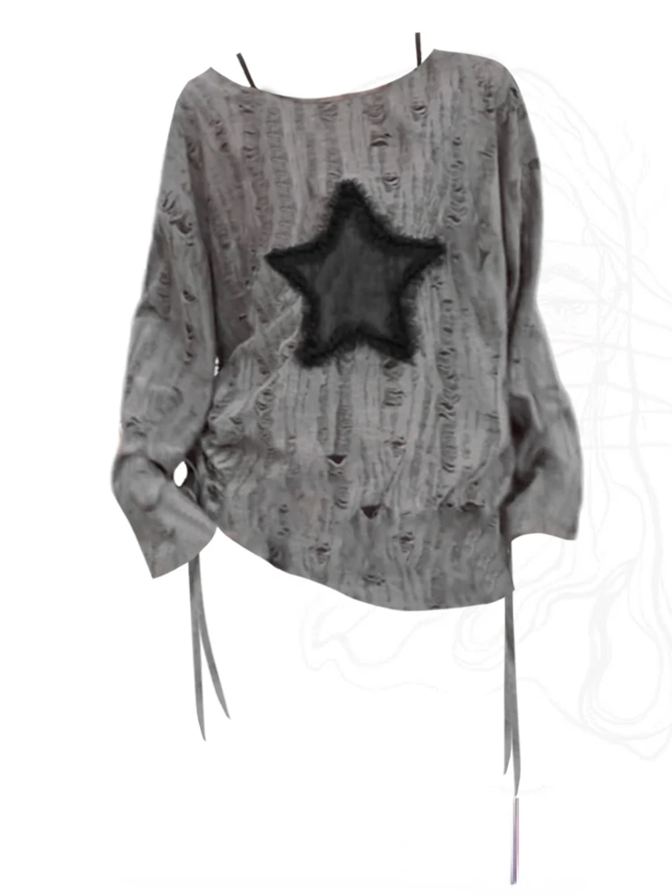 

All Match Loose Grunge Star Print T-shirts Casual O Neck Chic Fashion Tops Women Long Sleeve Sexy Roupas Femininas