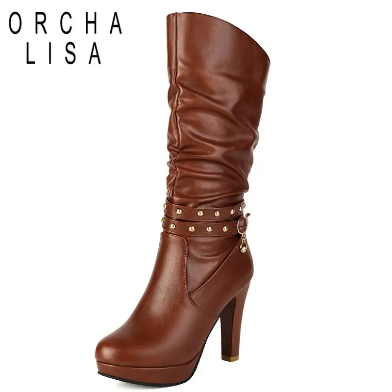 

ORCHA LISA 2025 Сексуальные женские сапоги до середины икры с круглым носком и блочным каблуком 10 см, платформа 2 см, заклепки на молнии, большой размер 41 42 43 Dating Bota