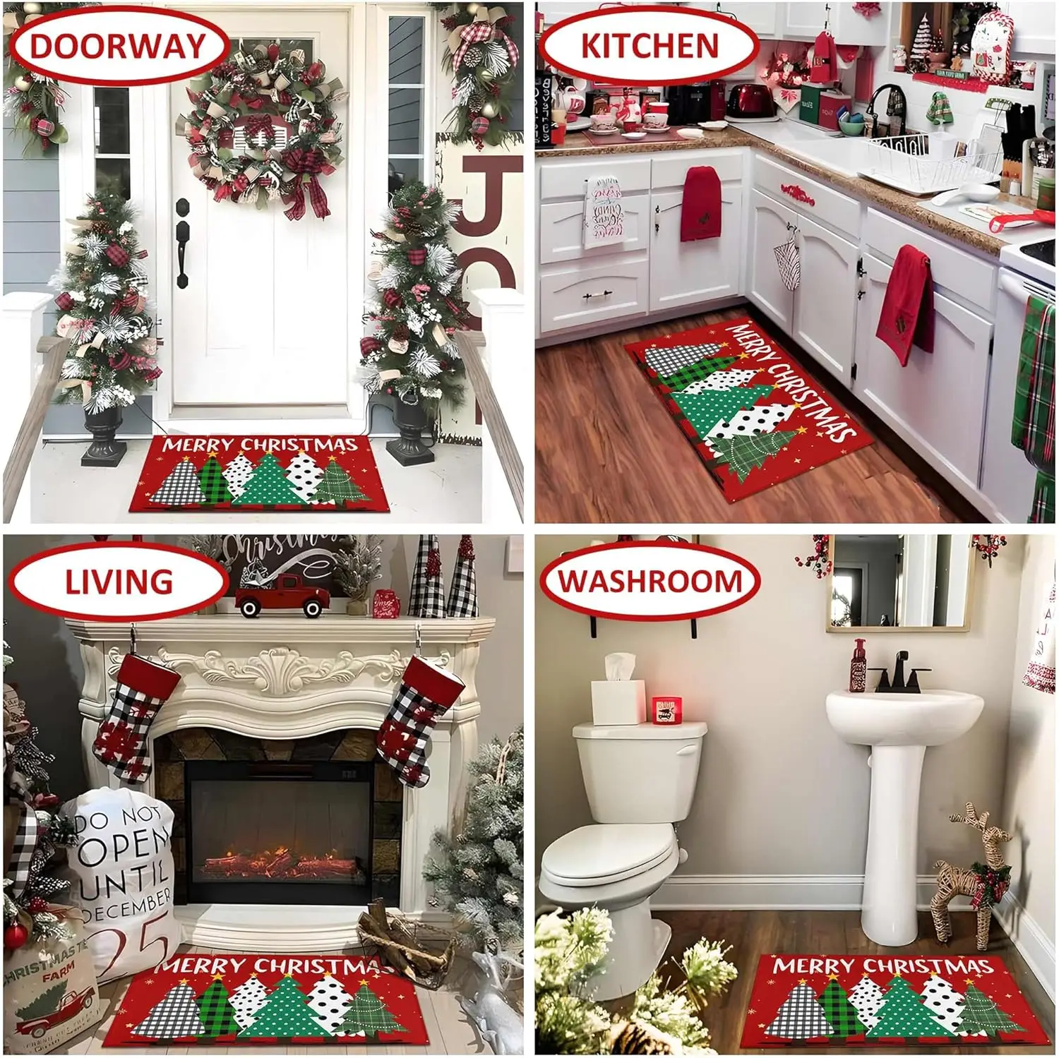 الجاموس منقوشة أشجار عيد الميلاد عيد ميلاد سعيد سجادة باب الأحمر ، الموسمية عيد الميلاد سجادة باب عدم الانزلاق قابل للغسل منخفضة المستوى داخلي في الهواء الطلق الشتاء