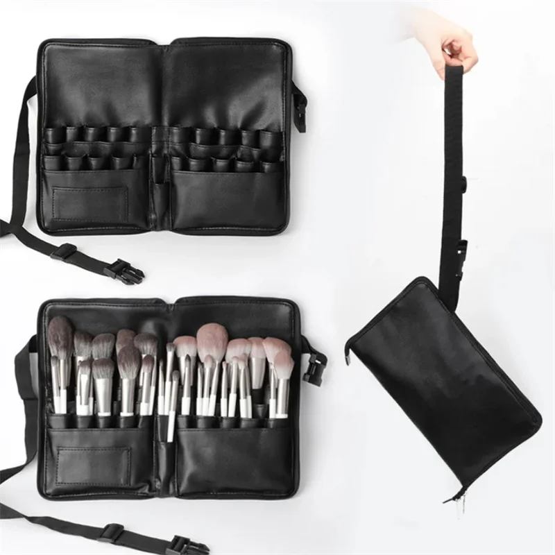 Multi-function Black Makeup Brush Bag With Belt PU Leather Cosmetic Bag Waist Bag For Professional Makeup Artist Large Capacity