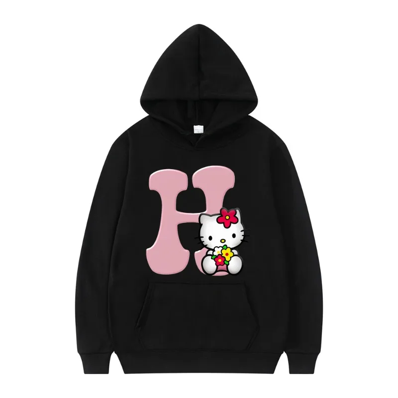 New Hello Kitty Autumn Black Plus Size Hoodie Letter A B C D Sweatshirt Clothing Kawaii Pullover Anime Women\'s Casual Fleece Top