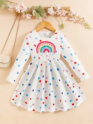 4-7 Years Children Girls Spring and Autumn Fashion Dress Rainbow Polka Dot Print Long Sleeved Skirt for Birthday Party Clothing