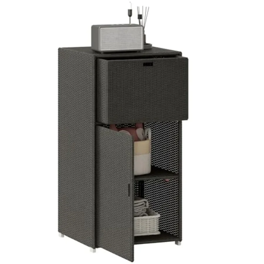 

Outdoor towel rack and pool storage cabinet for swimming pool spa hot tub; waterproof PE rattan; dark brown; weather-resistant