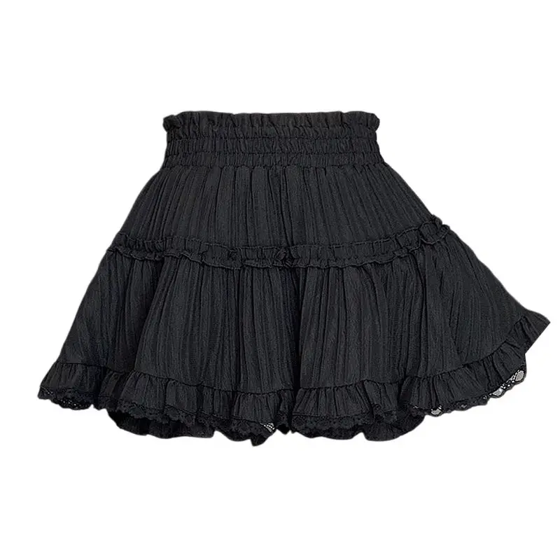 Sweet Black Fluffy Cake Half Skirt for Women Summer New Elastic Waist Pleated Korean Lace A-line Skirt Fashion Casual Clothing