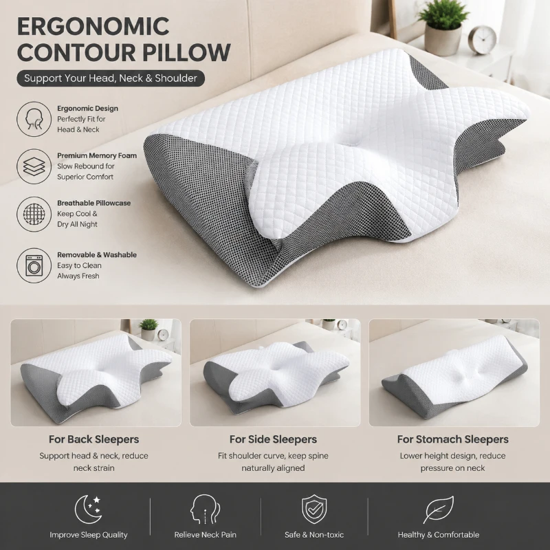 Ergonomisches Kontur-Memory-Foam-Nackenkissen 2-in-1 Orthopädisches Design Premium-Kissen für Nackenschmerzen und Schlafunterstützung