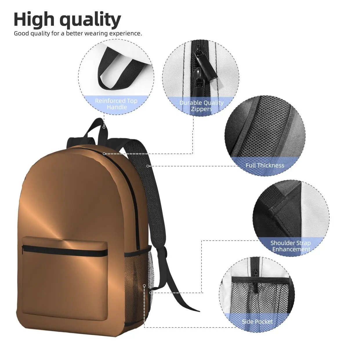 Brushed Copper Backpack Daypack Large Capacity Boys Girls BookBag School Bag Shoulder Bags for Men Women