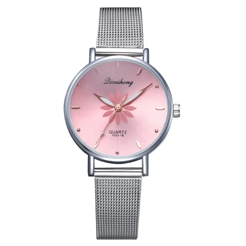 Women\'s Wristwatches Luxury Silver Popular Pink Dial Flowers Metal Ladies Bracelet Quartz Clock Fashion Womens Watches