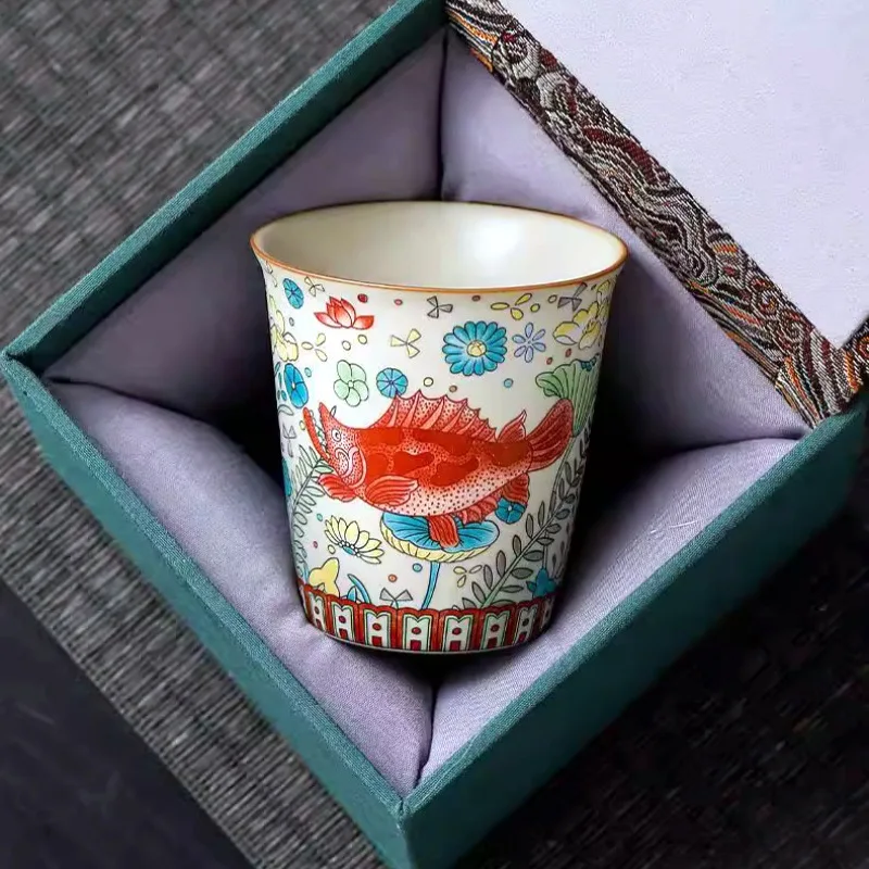 Large Capacity Tea Cup Retro Fish Algae Pattern Kung Fu Tea Set Gift for Tea Lovers