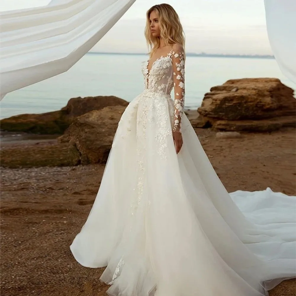 Eleganti abiti da sposa a sirena bianca con scollo a v in pizzo Appliques corte treno abito da sposa in Tulle abito da festa vestidos de novia 2024