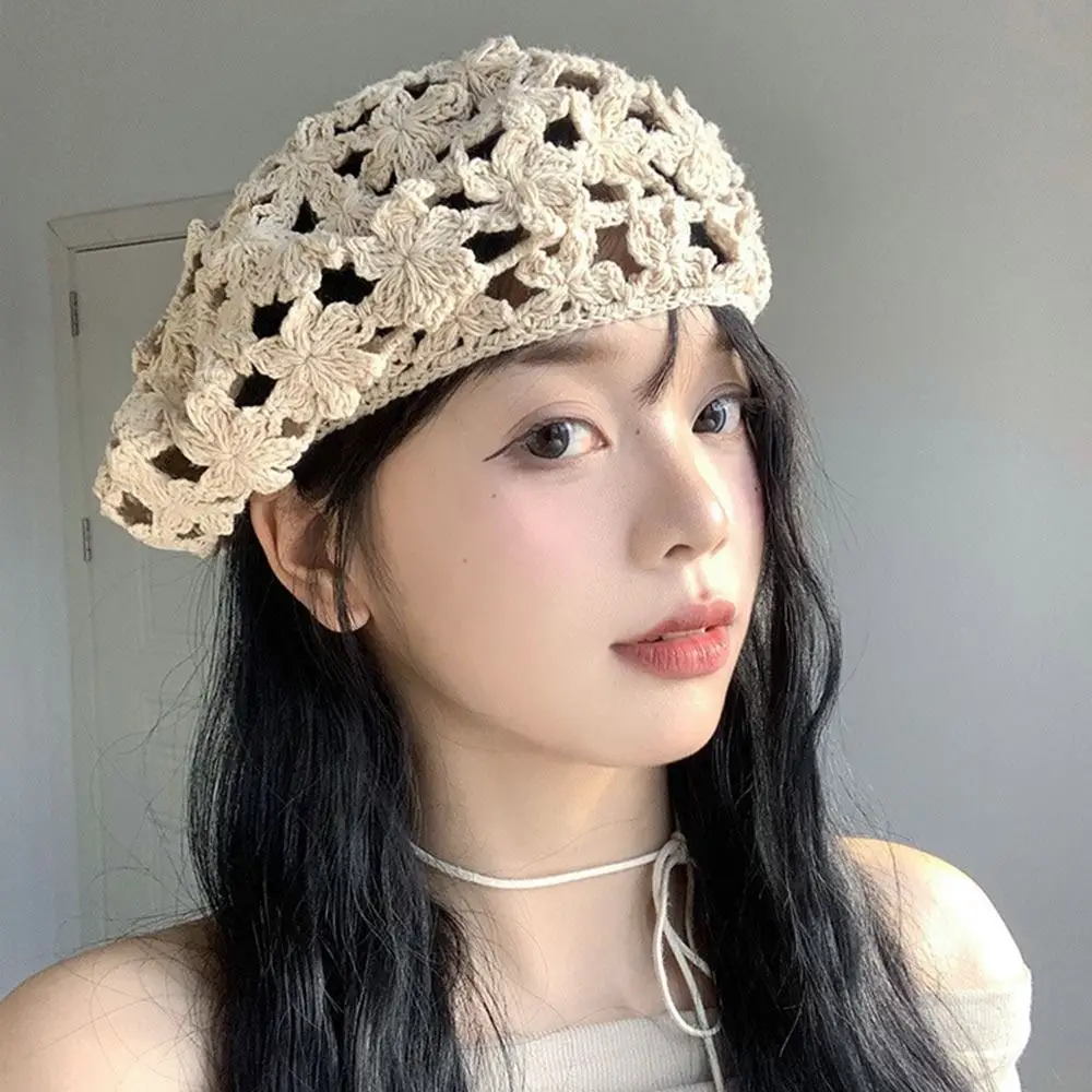 Breathable Hollowed Out Knitted Hat Casual Flowers Skullies Hat Fashion Summer Beret Cap for Women