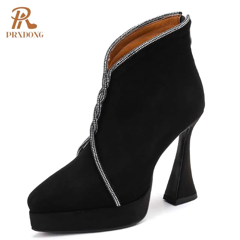 PRXDONG New Classics Genuine Leather Autumn Winter Warm Ankle Boots High Heels Platform Black Apricot Dress Party Lady Shoes 39 image 2