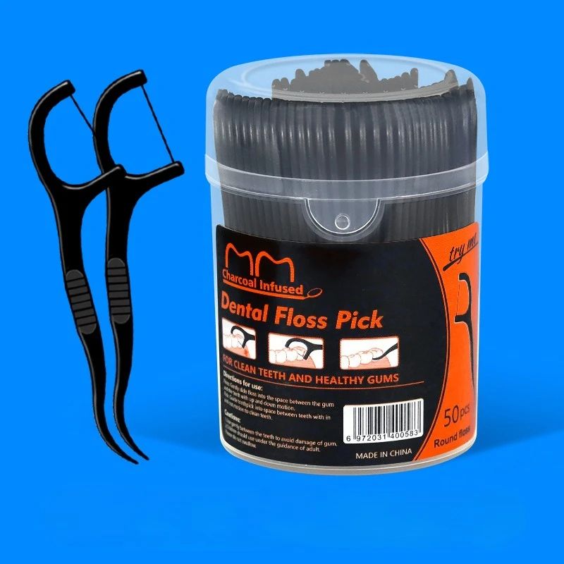 50pcs Per Bottle Bamboo Charcoal Dental Floss Thin Threads Disposable Toothpick Floss To Pick Teeth