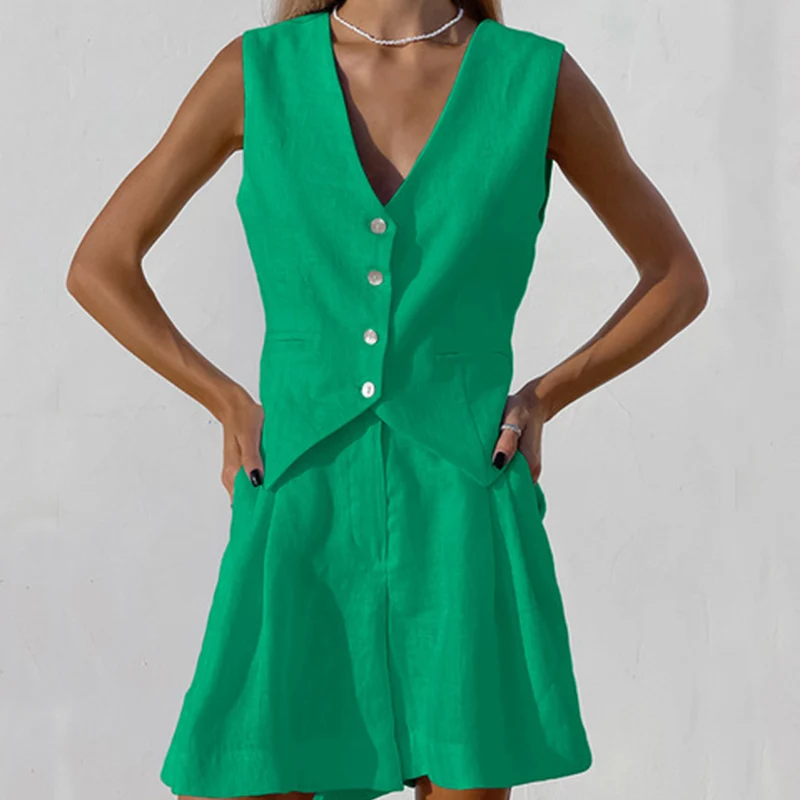 Women Summer Linen Tops Shorts 2 Pieces Sets Vacation  Solid Color Casual V-Neck Slim Sleeveless Suit Vest Wide Leg Shorts Suit