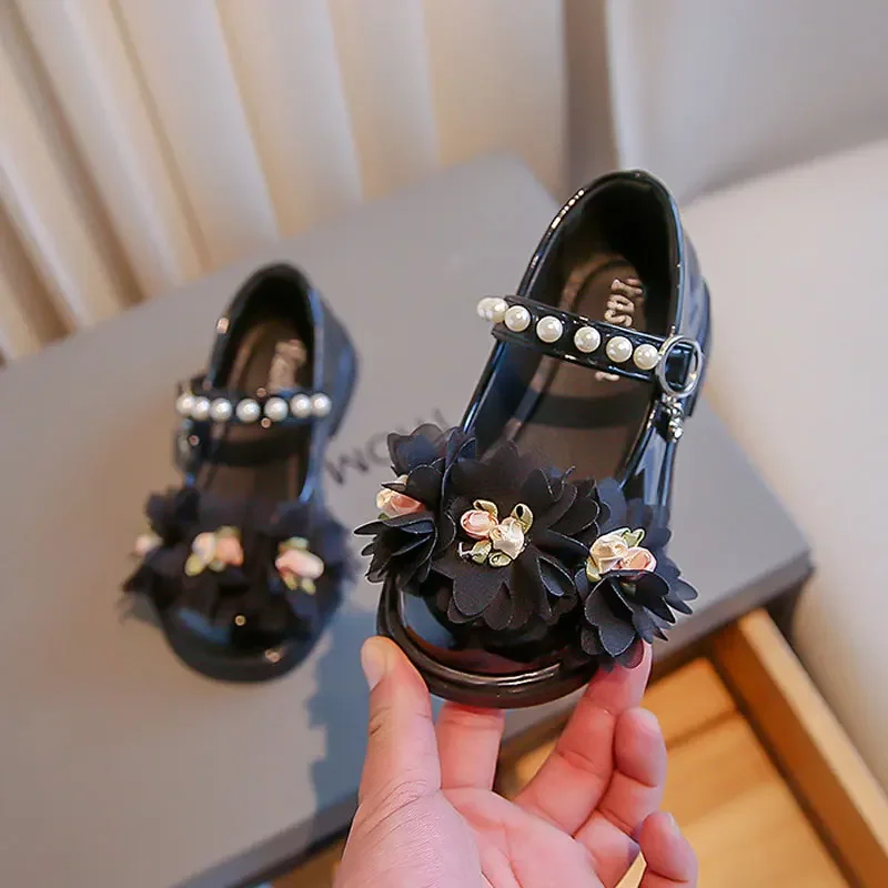 Girl Patent Leather Flower Shoes Wedding Party 2023 Spring Autumn Children Pearl Hoop & Loop Mary Jane Princess Shoe Black 26-36