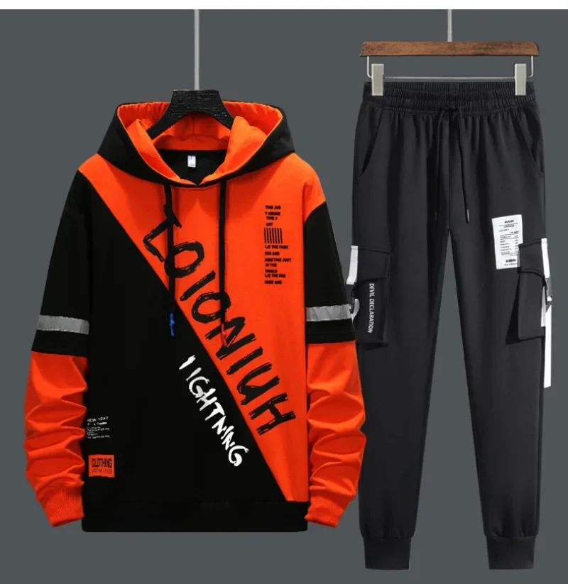 New Mens Patchwork Printing Sweatshirts Sweatpants Sets Reflective Man Tracksuits 2 Piecs Sweat Suits Student Sports Clothing