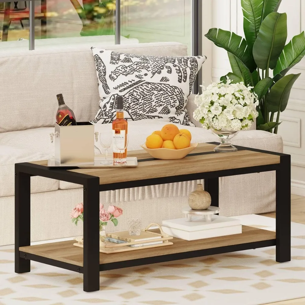 

Wood Coffee Table, Rectangle Coffee Tables for Living Room, Farmhouse Living Room Center Tables, Low Cocktail Tea Table with Ro