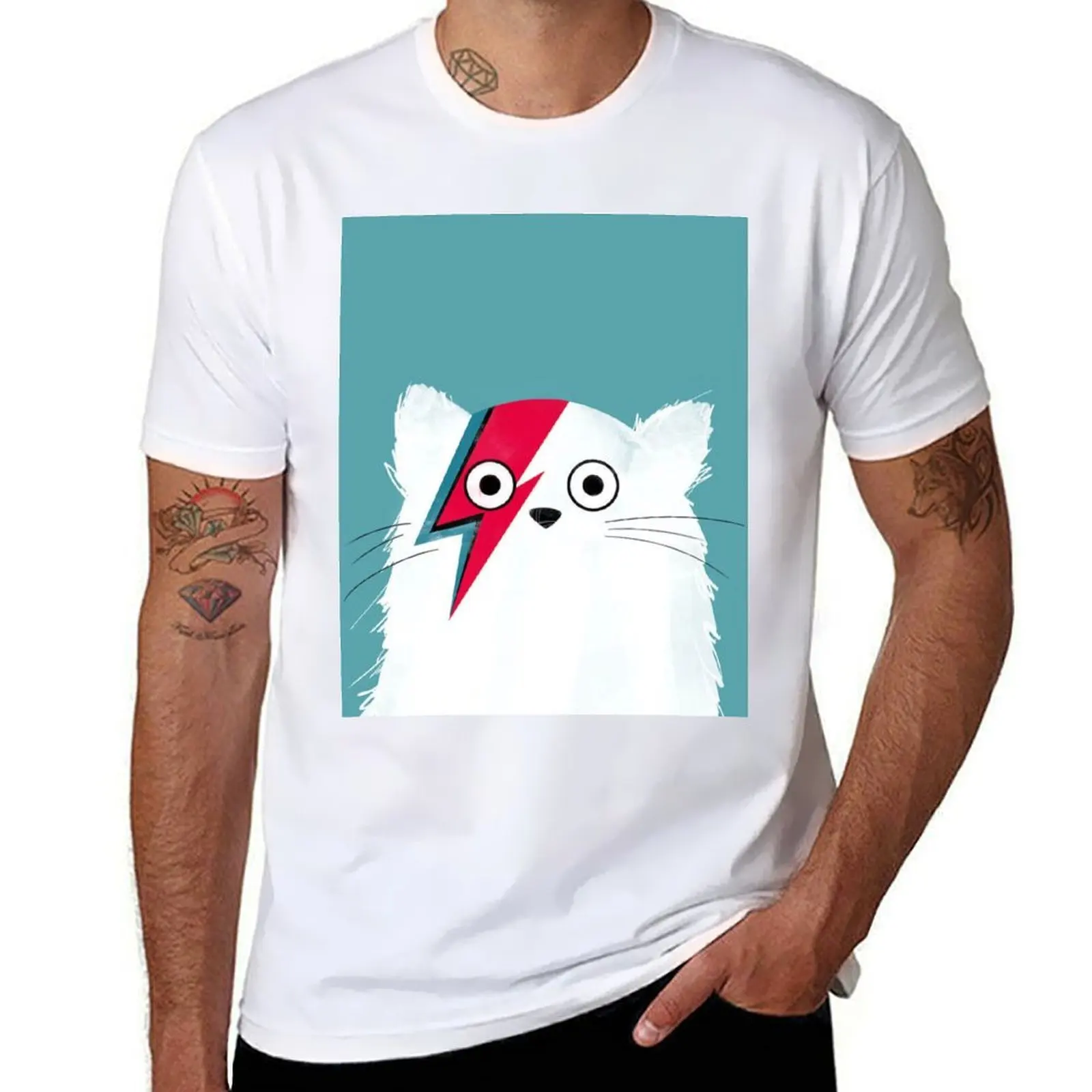

Cat Bowie White Print T-Shirt man t shirt graphic t shirt custom print T-Shirt