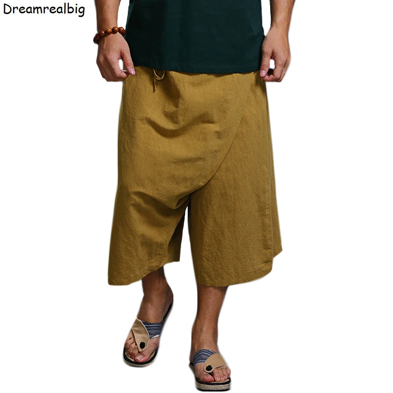 

Calf-Length Men Wide Leg Cotton & Linen Casual Pants Elastic Waist 2022 Spring Summer Slanting Design Mens Loose Trousers