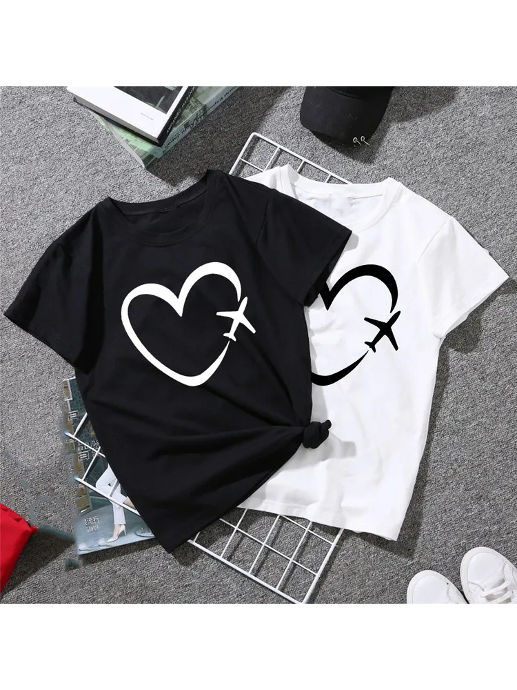 

Women Tshirt Travel Plane Heart Love Print Casual Streetwear Funny Shirts Top Harajuku Graphic Tees Clothing Camisas Mujer Gift