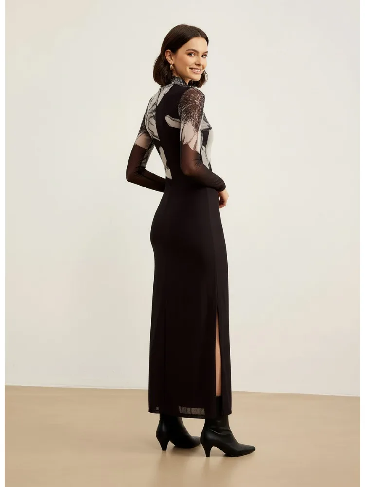 Sukienka maxi Freeacy damska, dopasowana, czarna, z golfem, przezroczystym panelem, nadrukiem artystycznym, długim rękawem, codzienna, nowa kolekcja wiosna 2026, obcisła sukienka.