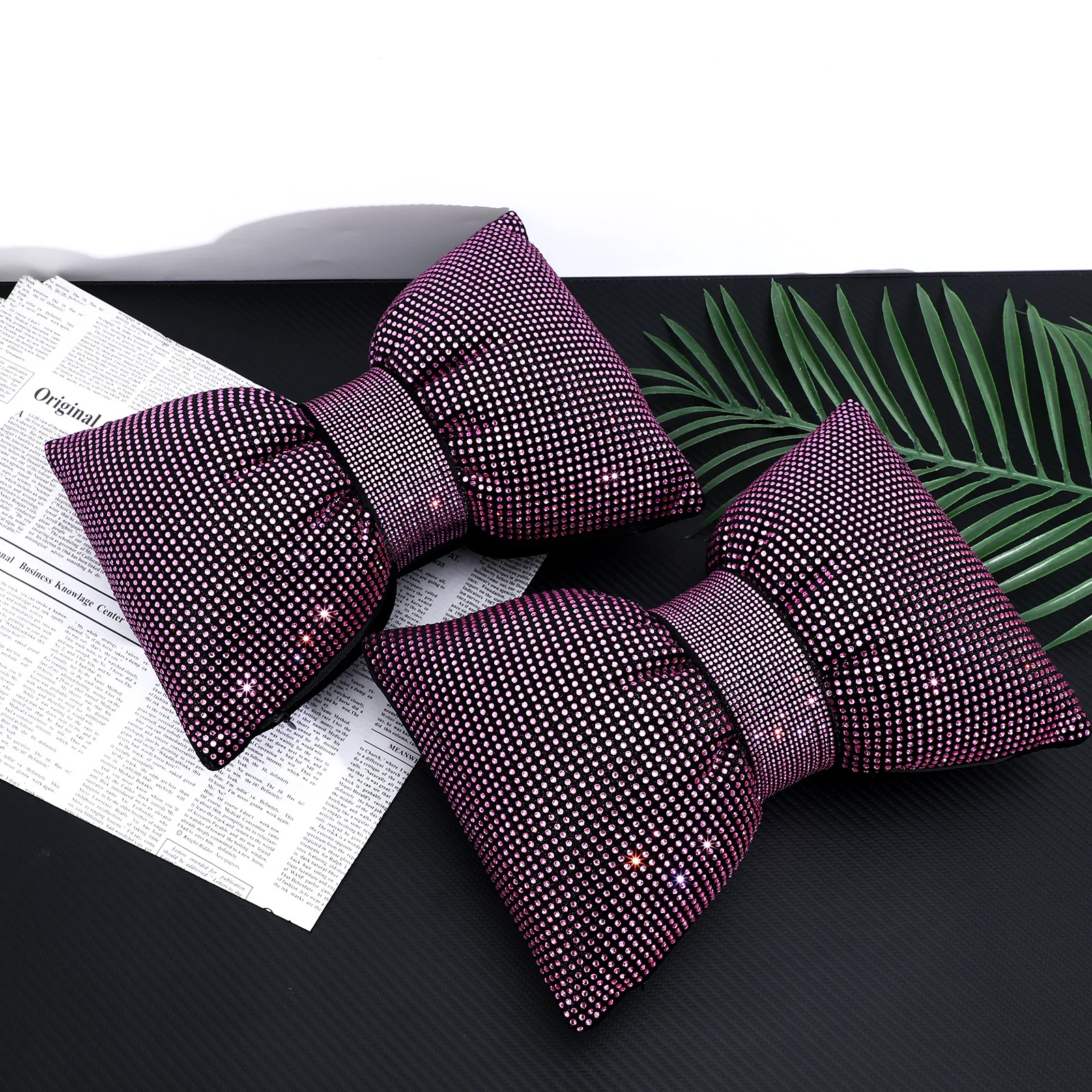 

2Pcs Car Headrest Pillow Bow Design Neck Rest Sparkly Rhinestone Bling Car Seat Decoration Comfortable Stylish Drive Accessory