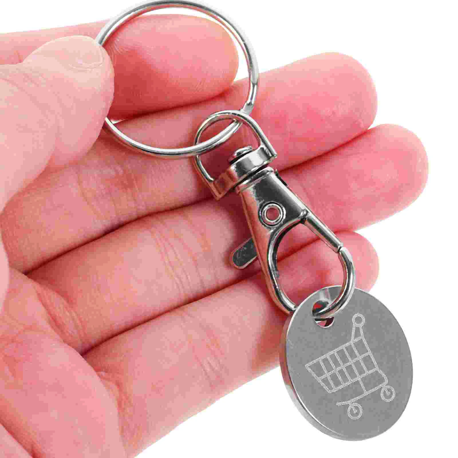 4 buah gantungan kunci Token keranjang belanja troli ornamen Token baja tahan karat liontin Carabiner