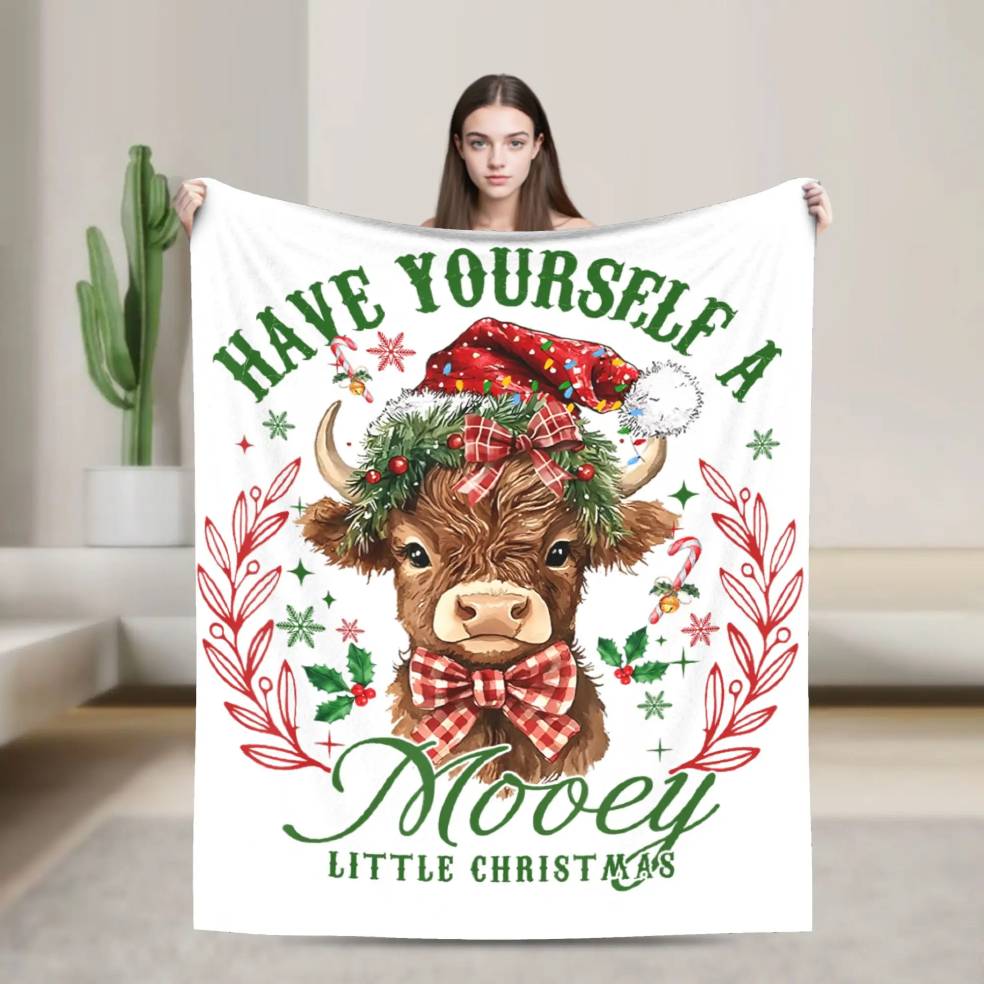 Christmas Highland Cow Santa Flannel Blankets Have Yourself a Mooey Little  Fashion Throw Blankets for Home Plush Thin Quilt