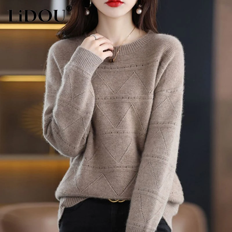 

2023 Autumn Winter New Solid Color High Street Round Neck Sweater Women Fashion Long Sleeve Jacquard Weave All-match Pullovers