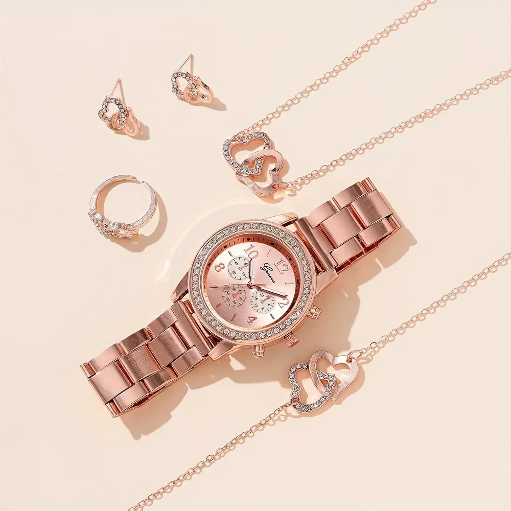 6PCS Set Rose Gold Luxury Watch Women Ring Necklace Earring Rhinestone Fashion Wristwatch Casual Ladies Bracelet Watches