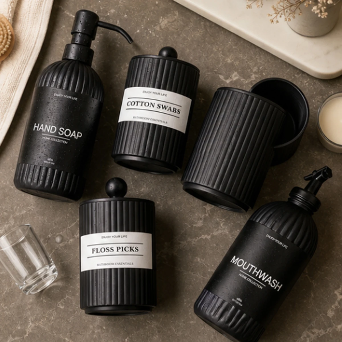 Bathroom Vanity Accessories Set, Reusable Soap Bottle, Storage Jar, Toothpaste Cup and Mouthwash Dispenser for Housewarming Gift