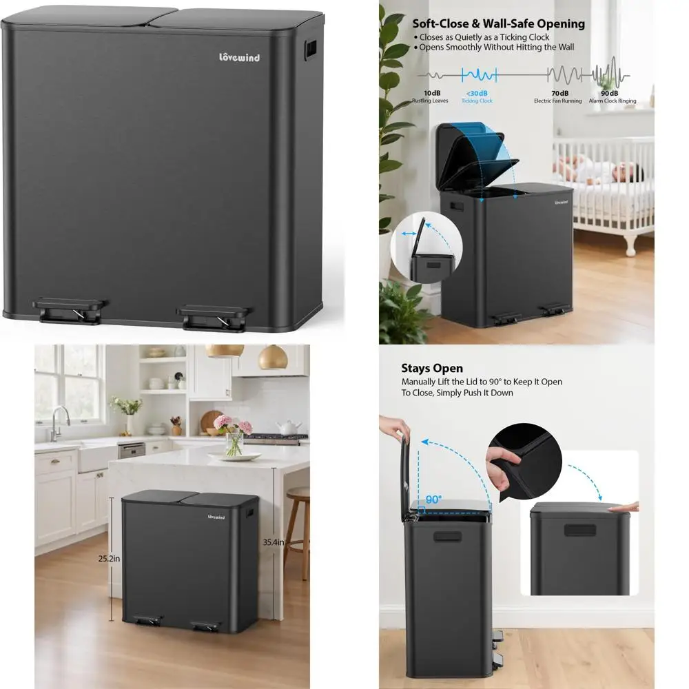 

Dual Compartment Kitchen Trash Can, 2 x 10.5 Gallon Stainless Steel Recycling Bins with Step Pedal, Large Capacity Waste Recepta