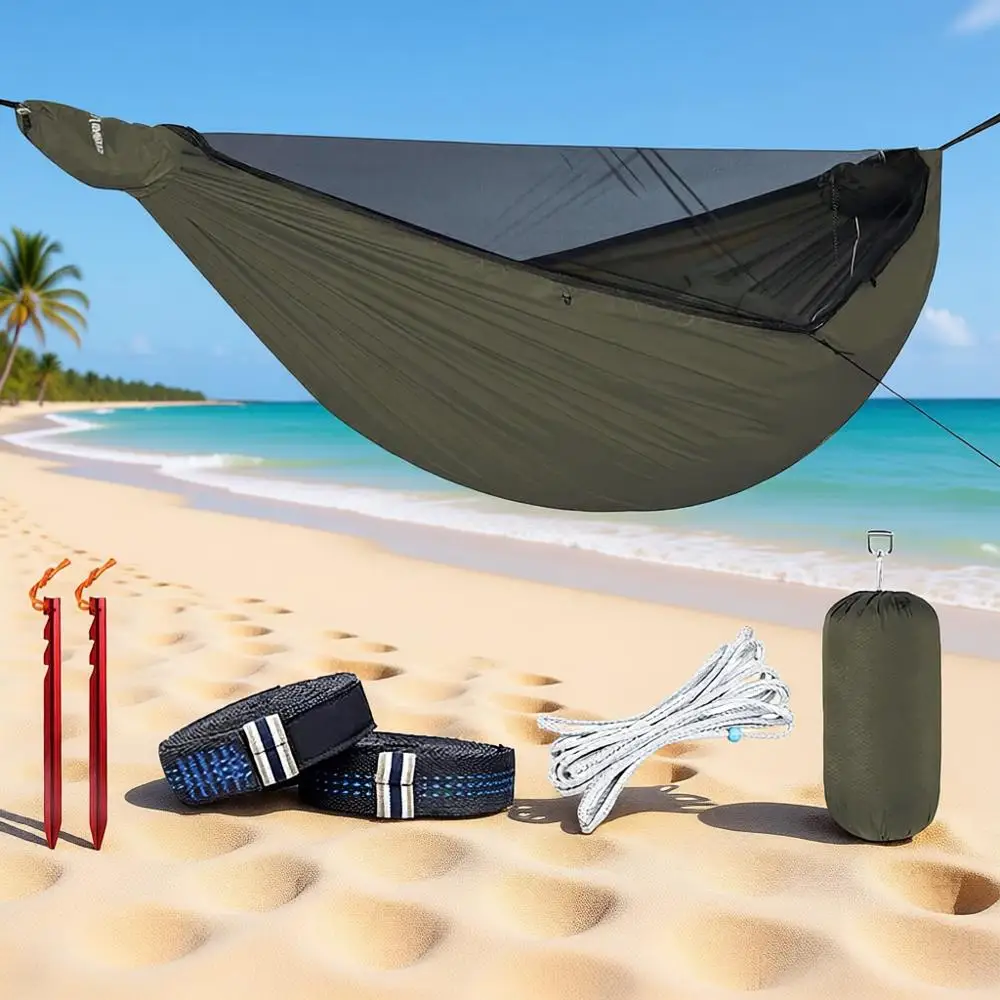 

Lightweight Portable Camping Hammock with Mosquito Net & Ridgeline, Ideal for Hiking & Backpacking, OD Green