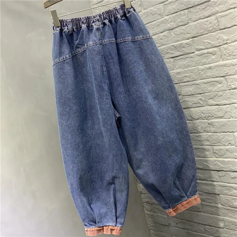 New Arrival Spring Arts Style Women Elastic Waist Casual Cotton Denim Harem Pants Double Pocket vintage Blue Loose Jeans C125