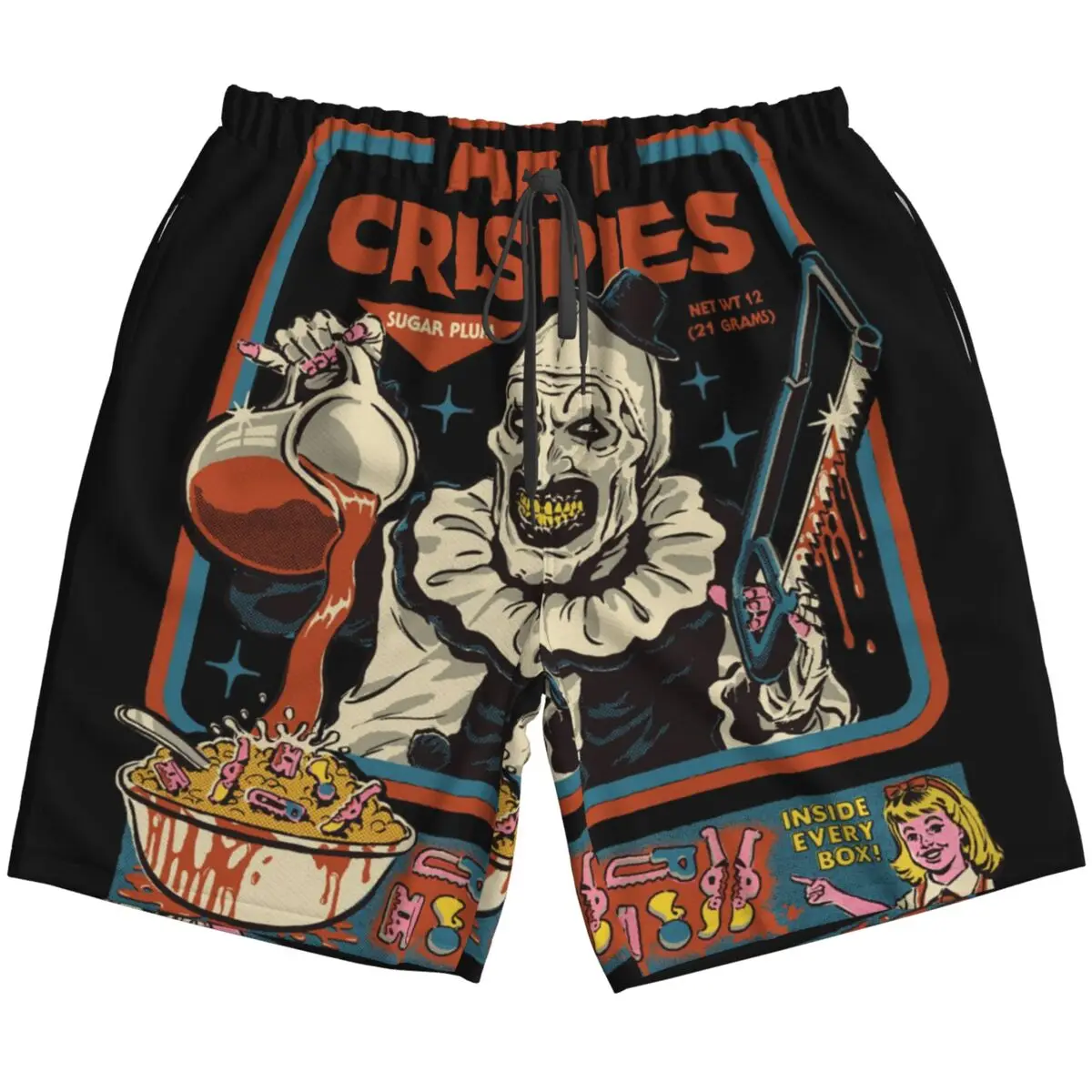 Arte Crispies terrifier calções de praia palhaço dos homens, moda praia verão, retro Horror Board Shorts, Fast Dry Trunks