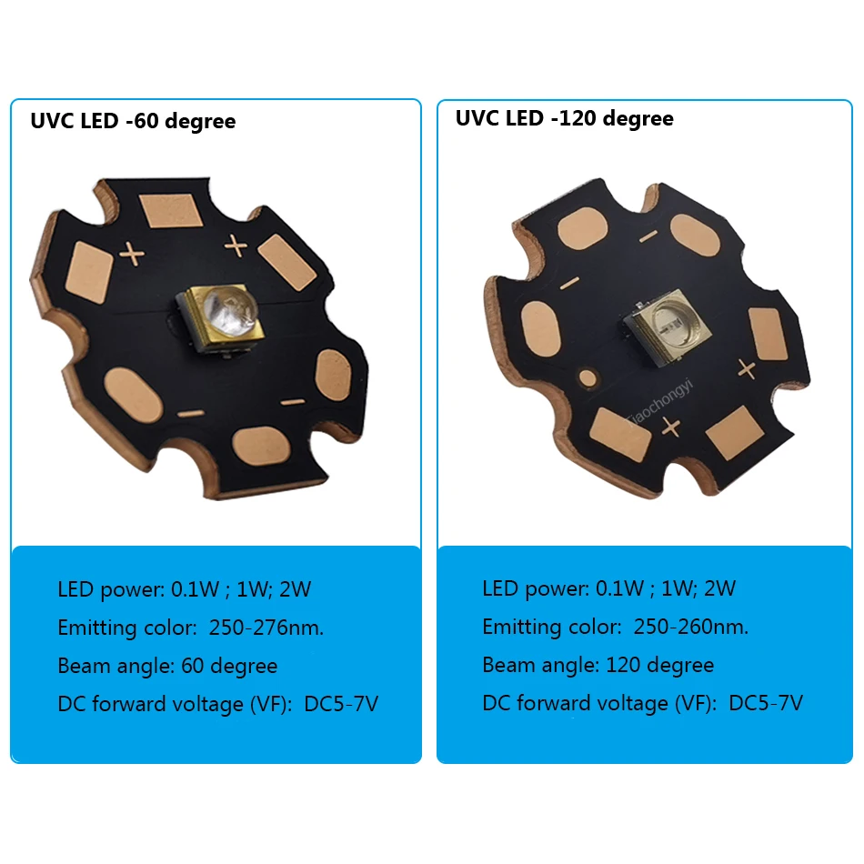 250nm UVC UVB UV LED 250-260nm 0.1W 1W 2W 3838 DC5-7V lampada ultravioletta diodo a emissione luminosa con substrato di rame