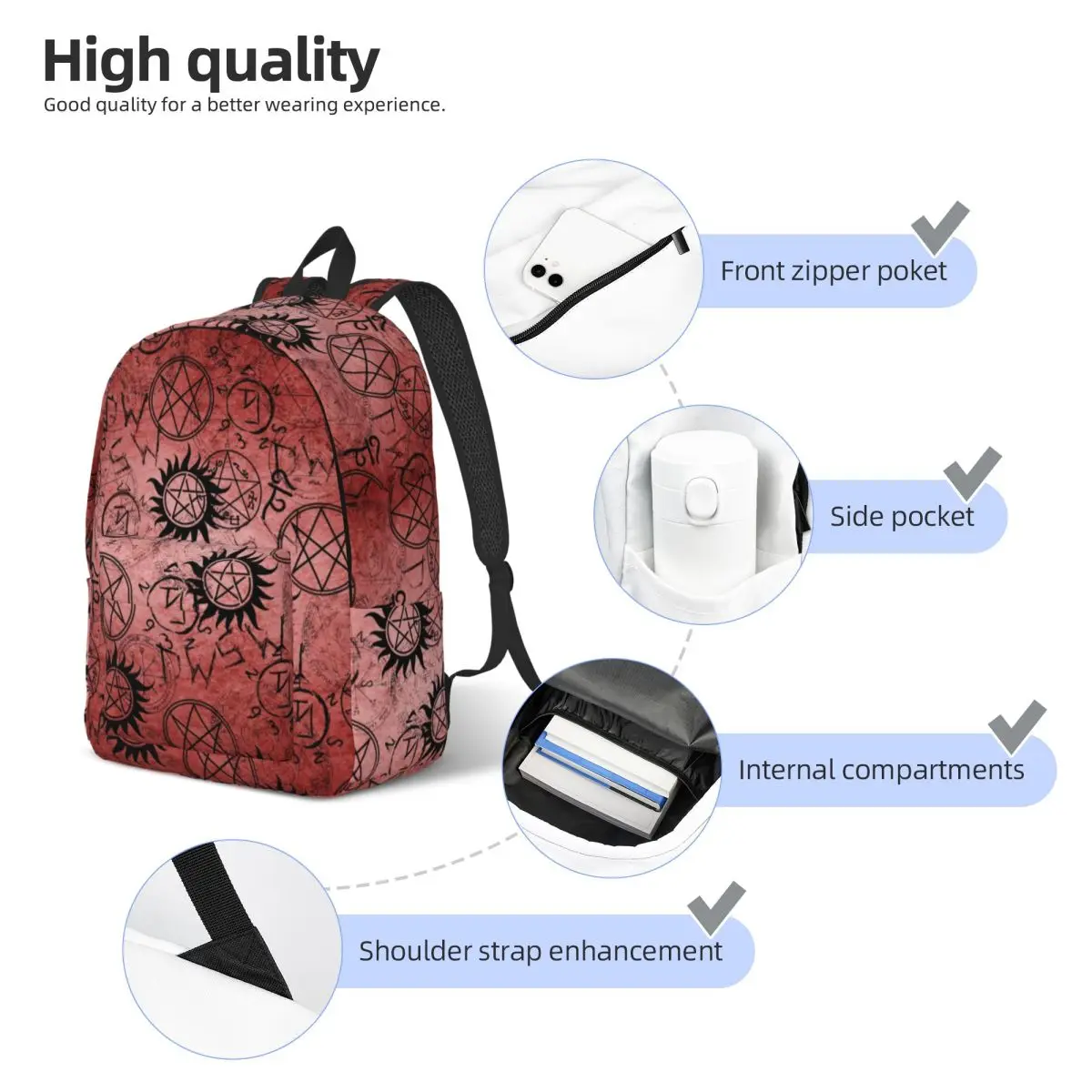 Sac à dos Cool Smile Natural Red avec poche pour hommes et femmes, sac à dos d'affaires étudiant, sac lancé par le collège