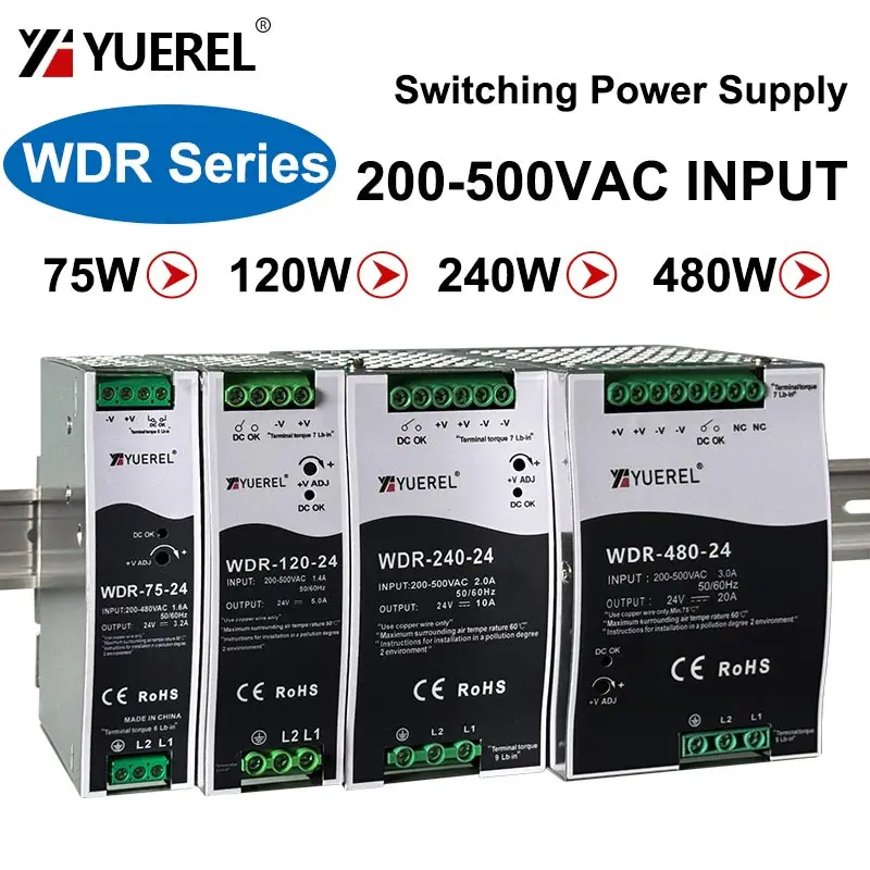 Image of 380V AC Eingang WDR 75W 120W 150W 240W 480W 12V 24V 48V Schaltnetzteil Industrielles DIN-Schienen-Einzelausgangs-Netzteil