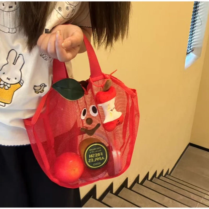 

Mesh Beach Tote Bag Cute Apple Design Shoulder Bag Lightweight Organizer With Snap Closure Travel Toiletry Storage Bag Beach Bag
