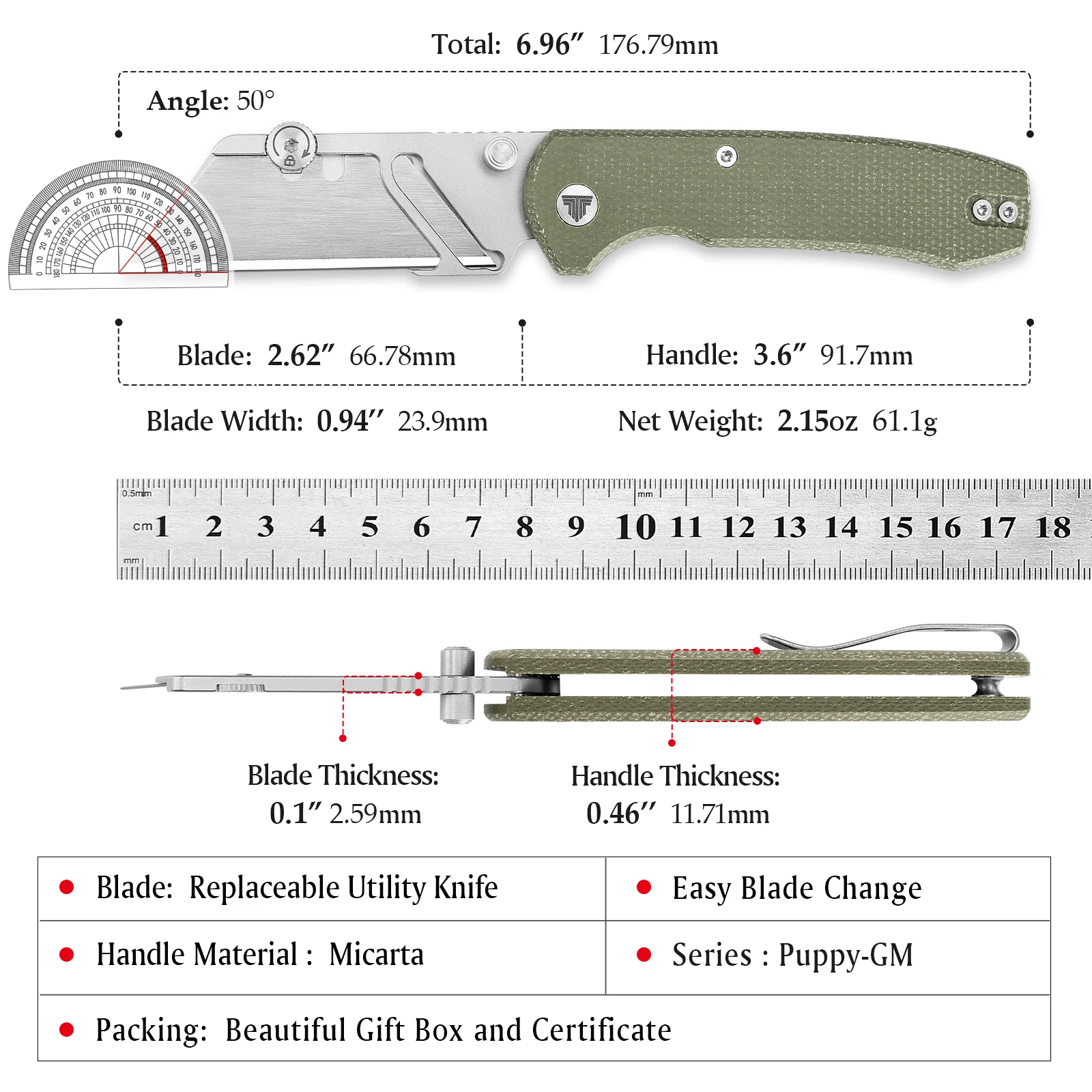 TRIVISA Utility Folding Puppy Knife 6pcs SK5 Replaceable Blade Micarta Handle for Carboard Box Cutter High Quality Outdoor Tool view 3