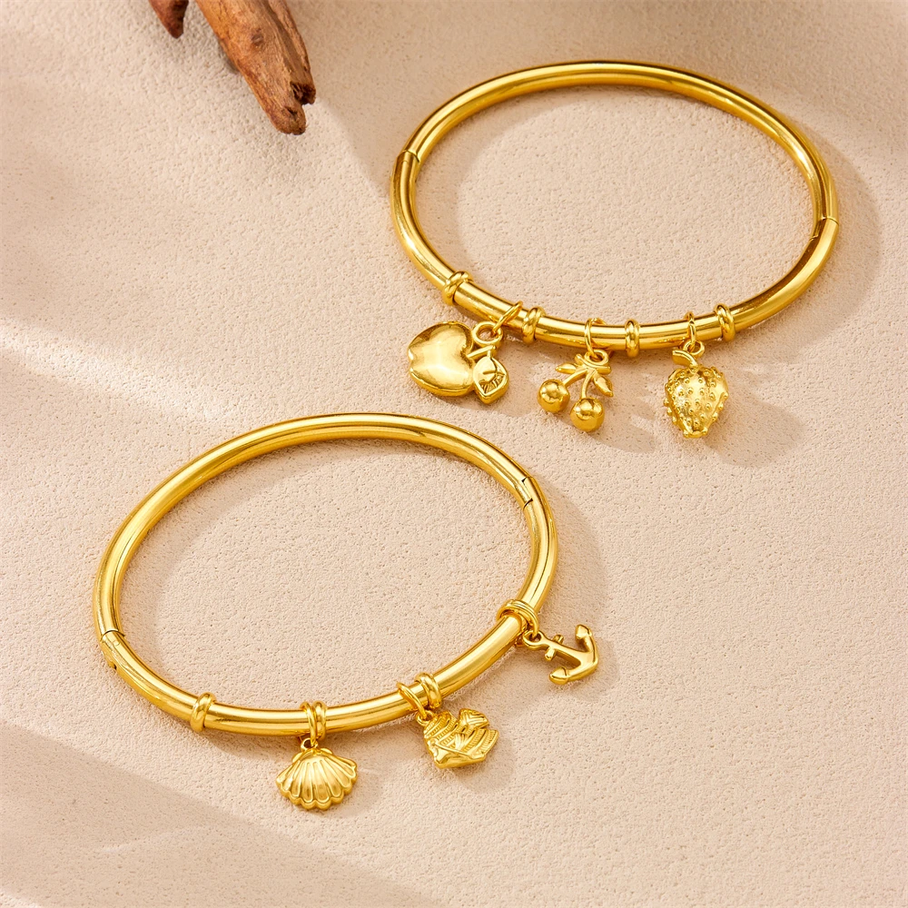 DIEYURO 316L Acero inoxidable Concha de delfín colgante de concha brazalete de bambú para mujer cadena de muñeca clásica regalo de joyería impermeable